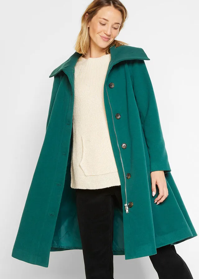Abrigo de imitación de lana con línea en A y amplio cuello alto Verde bosque