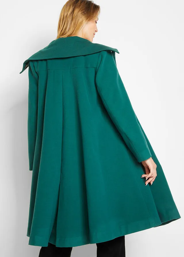 Abrigo de imitación de lana con línea en A y amplio cuello alto Verde bosque