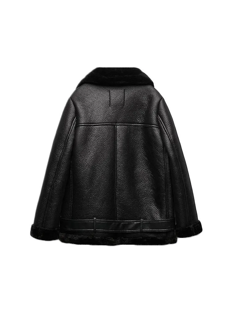Abrigo de piel sintética de piel de oveja para mujer Otoño Invierno Abrigo con cremallera cálida gruesa femenina con cinturón Mo