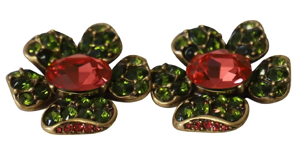 Aretes de clip con flor de Oscar de la Renta en cristal rojo/verde Roja 