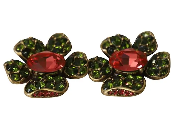 Aretes de clip con flor de Oscar de la Renta en cristal rojo/verde Roja 