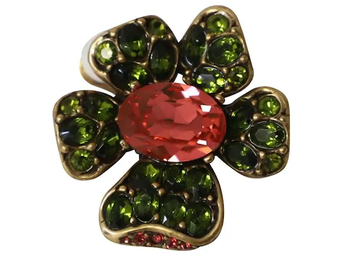 Aretes de clip con flor de Oscar de la Renta en cristal rojo/verde Roja 