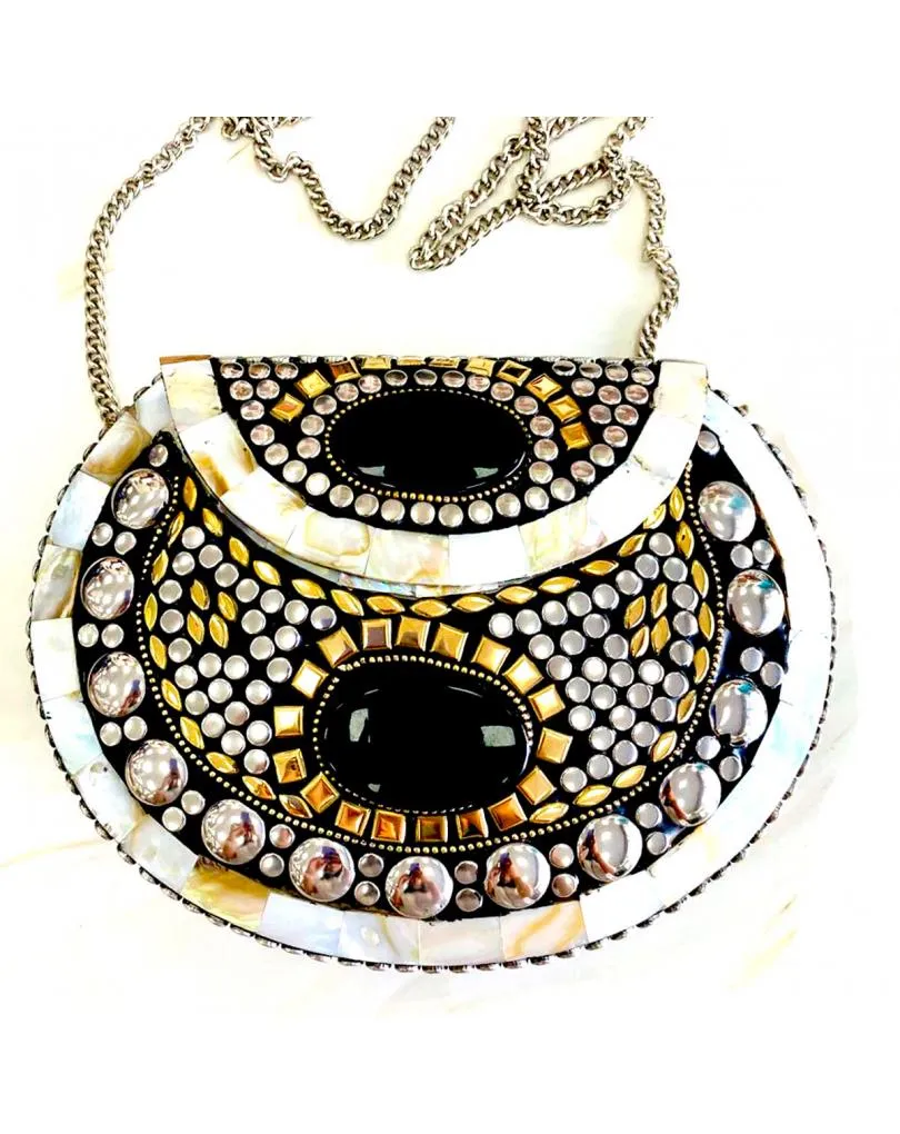 BOLSOS DE FIESTA NEGROS Y NACAR TIPO COFRE DORADO Y PLATEADO