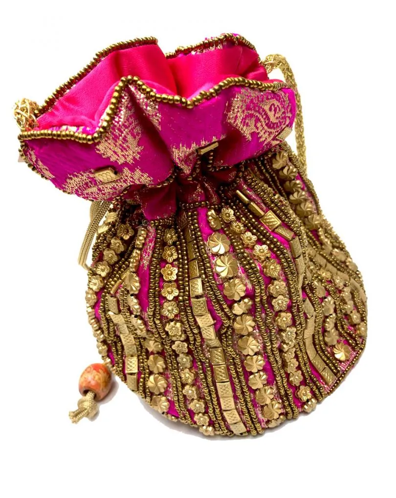 BOLSOS FIESTA INDIA FUCSIAS DE MUJER CON BONITOS BORDADOS DORADOS