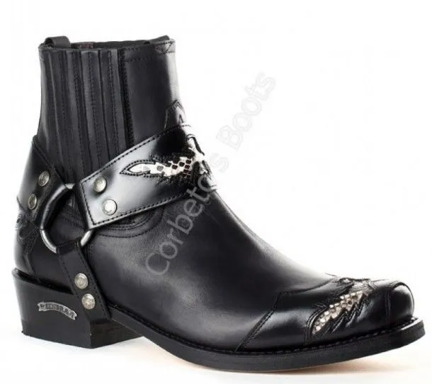 Botín para hombre Sendra punta cuadrada combinación cuero negro con arnés