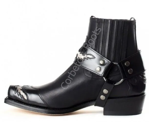 Botín para hombre Sendra punta cuadrada combinación cuero negro con arnés