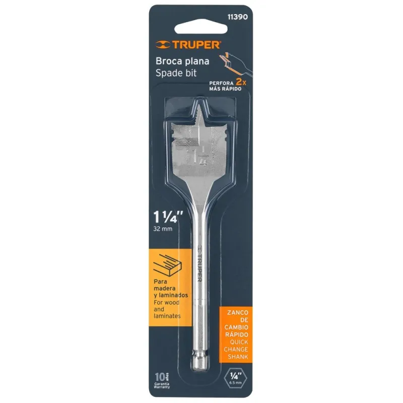 Broca Paleta 1/4" Hex 1 1/4" x 6" para Madera Truper 11390