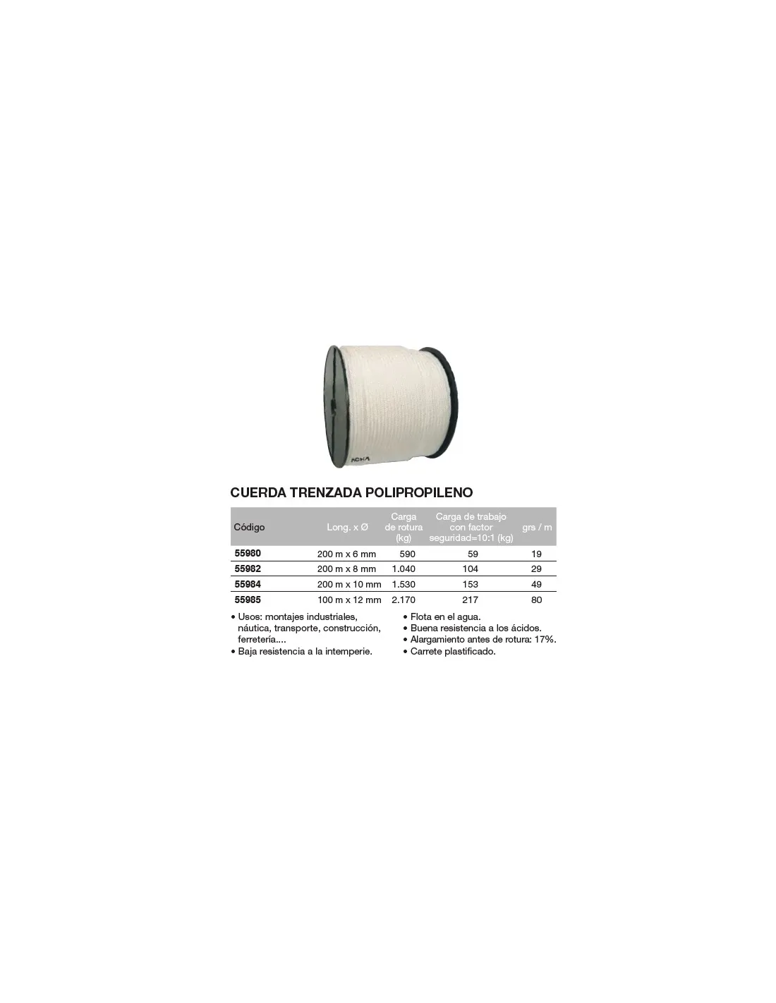 Carrete de cuerda trenzada de polipropileno 200 m. x 6mm