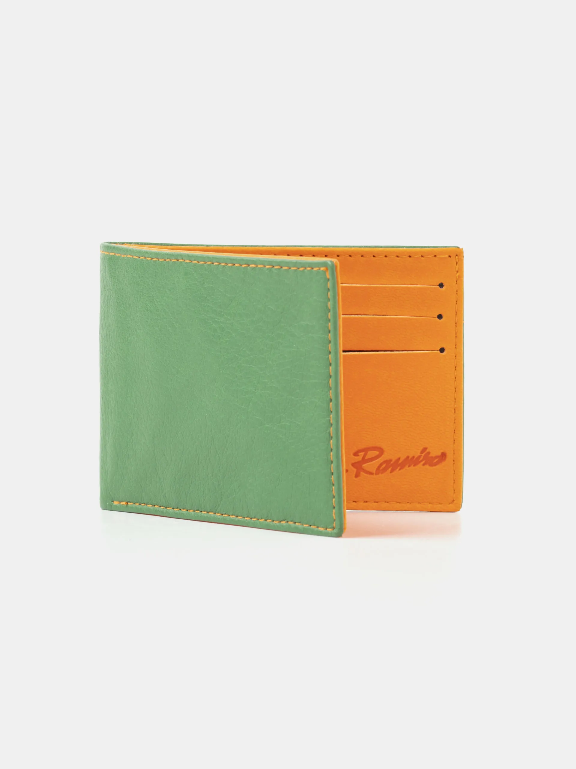 CARTERA PIEL VERDE Y NARANJA