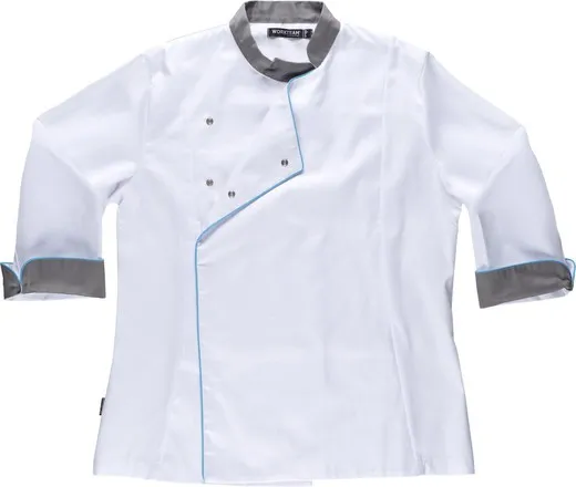 CASACA COCINA DE MUJER COMBINADA CON VIVOS TEJIDO BIRDEYE ANTIMANCHAS BLANCO GRIS