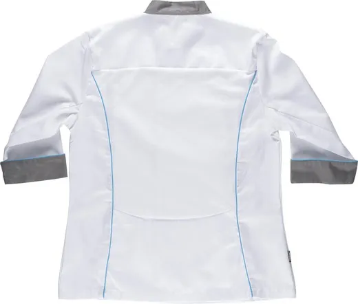 CASACA COCINA DE MUJER COMBINADA CON VIVOS TEJIDO BIRDEYE ANTIMANCHAS BLANCO GRIS