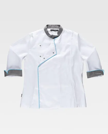 CASACA COCINA DE MUJER COMBINADA CON VIVOS TEJIDO BIRDEYE ANTIMANCHAS BLANCO GRIS