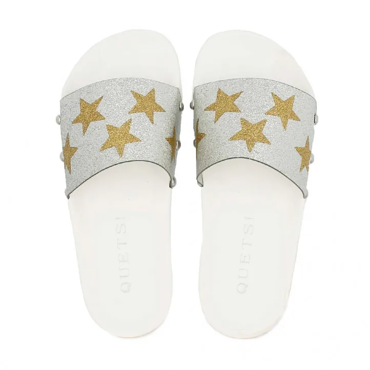 Chanclas QUETS! blancas, plateadas y doradas con estrellas