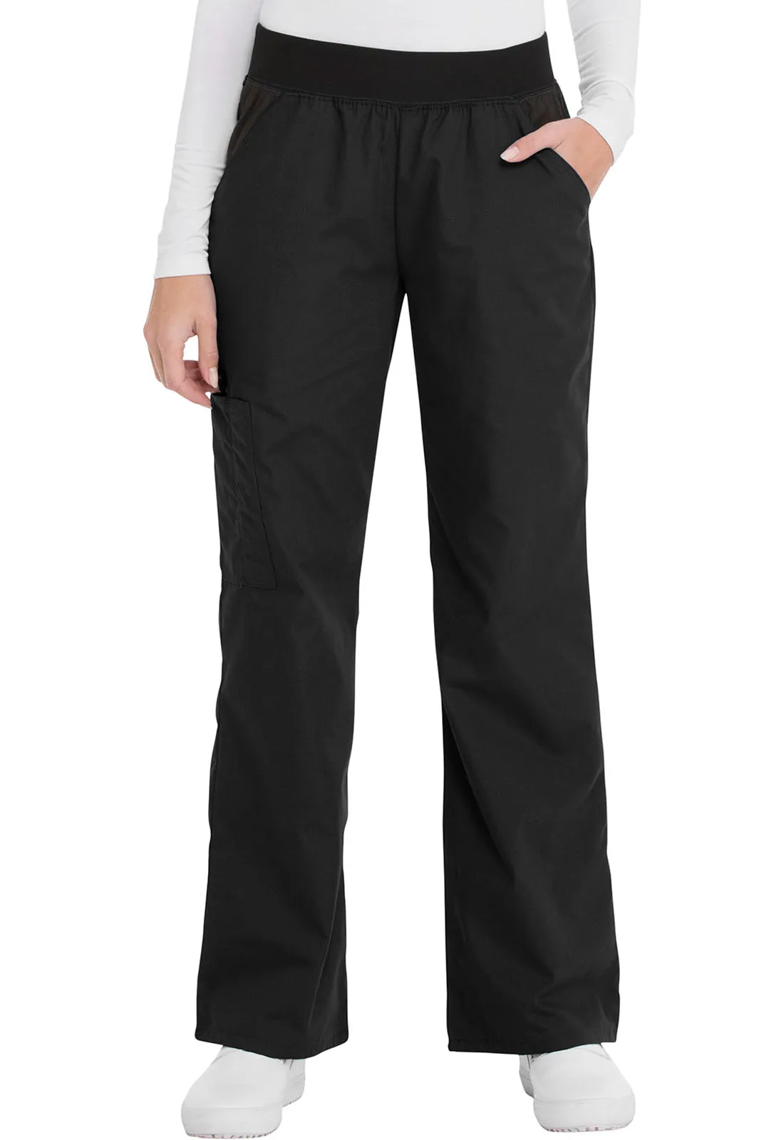 CHEROKEE FLEXIBLES MID RISE KNIT WAIST PULLON PANT IN BLACKDOOR CRASHER PRICED!