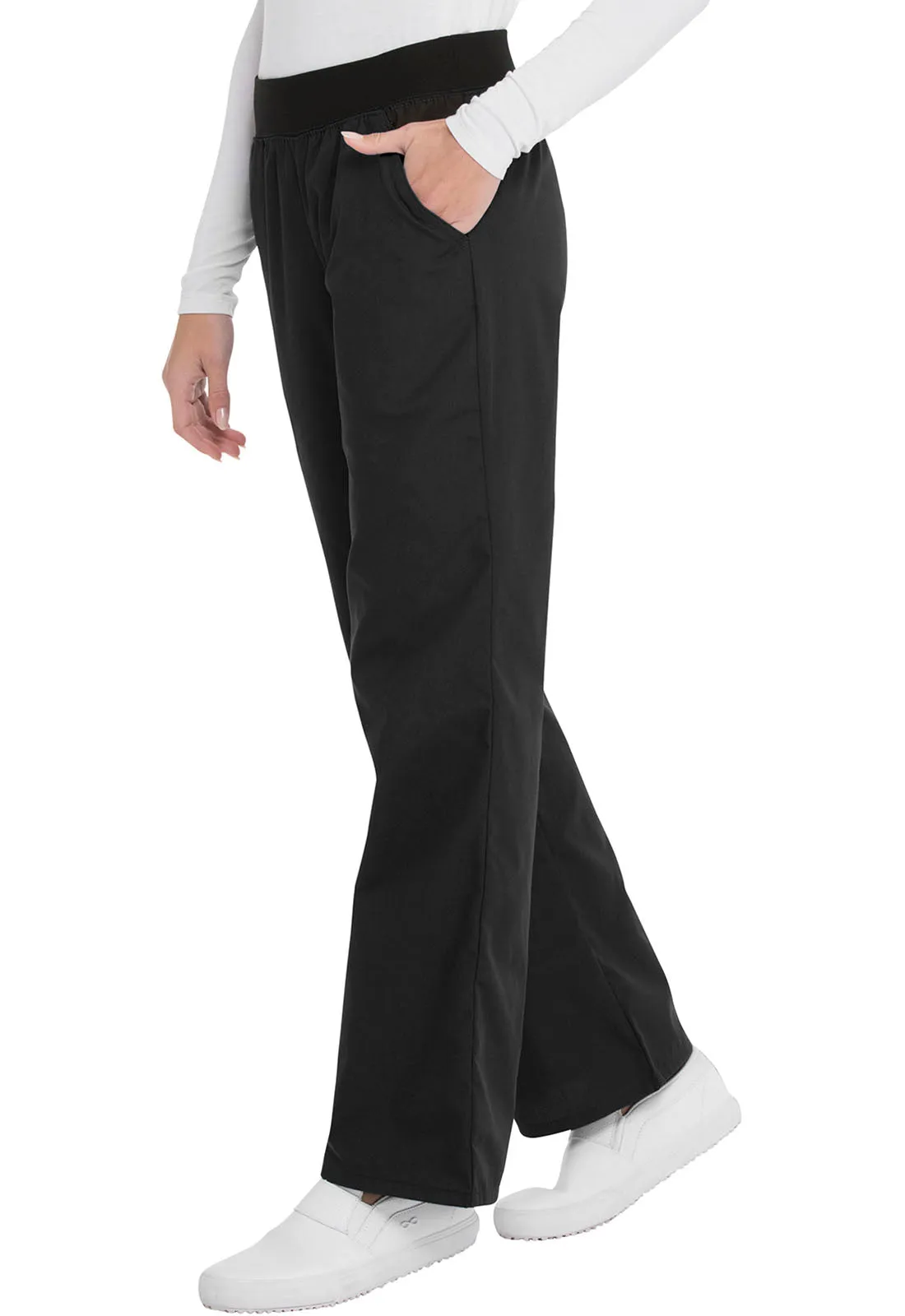 CHEROKEE FLEXIBLES MID RISE KNIT WAIST PULLON PANT IN BLACKDOOR CRASHER PRICED!