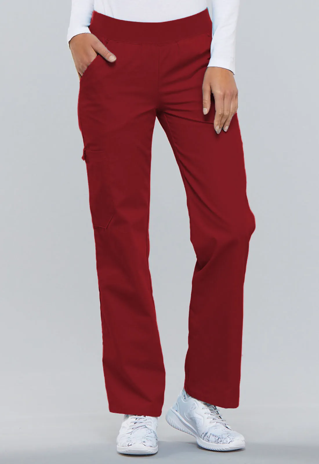 CHEROKEE FLEXIBLES MID RISE KNIT WAIST PULLON PANT IN REDDOOR CRASHER PRICED!