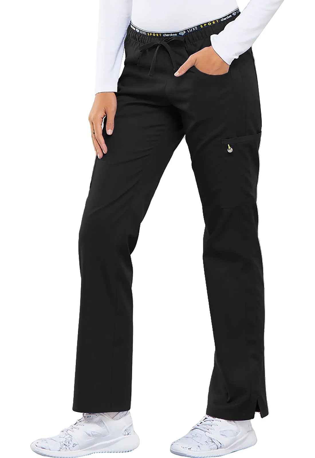 CHEROKEE LUXE SPORT MID RISE STRAIGHT LEG PULLON PANT IN BLACK SMALL