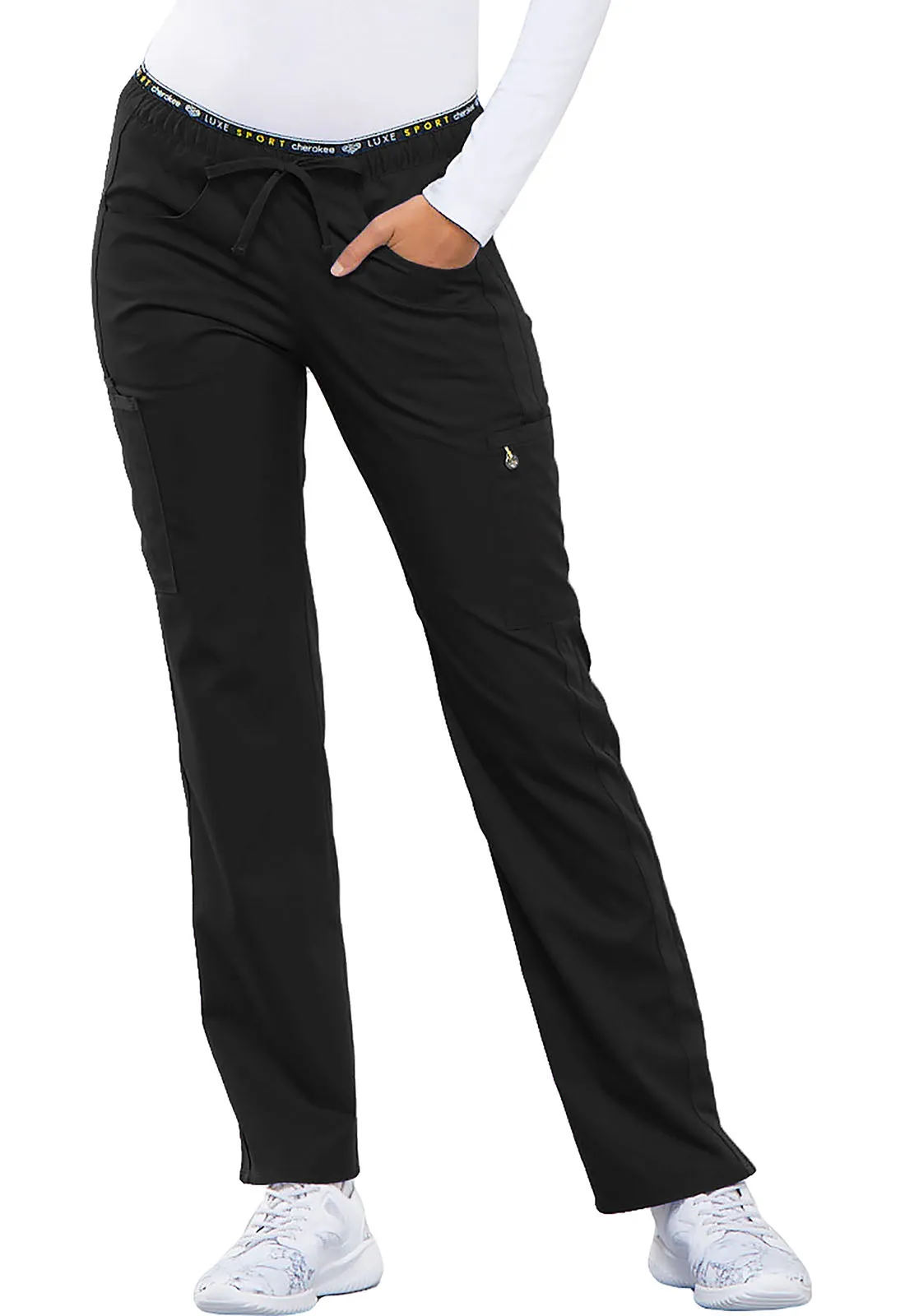 CHEROKEE LUXE SPORT MID RISE STRAIGHT LEG PULLON PANT IN BLACK SMALL