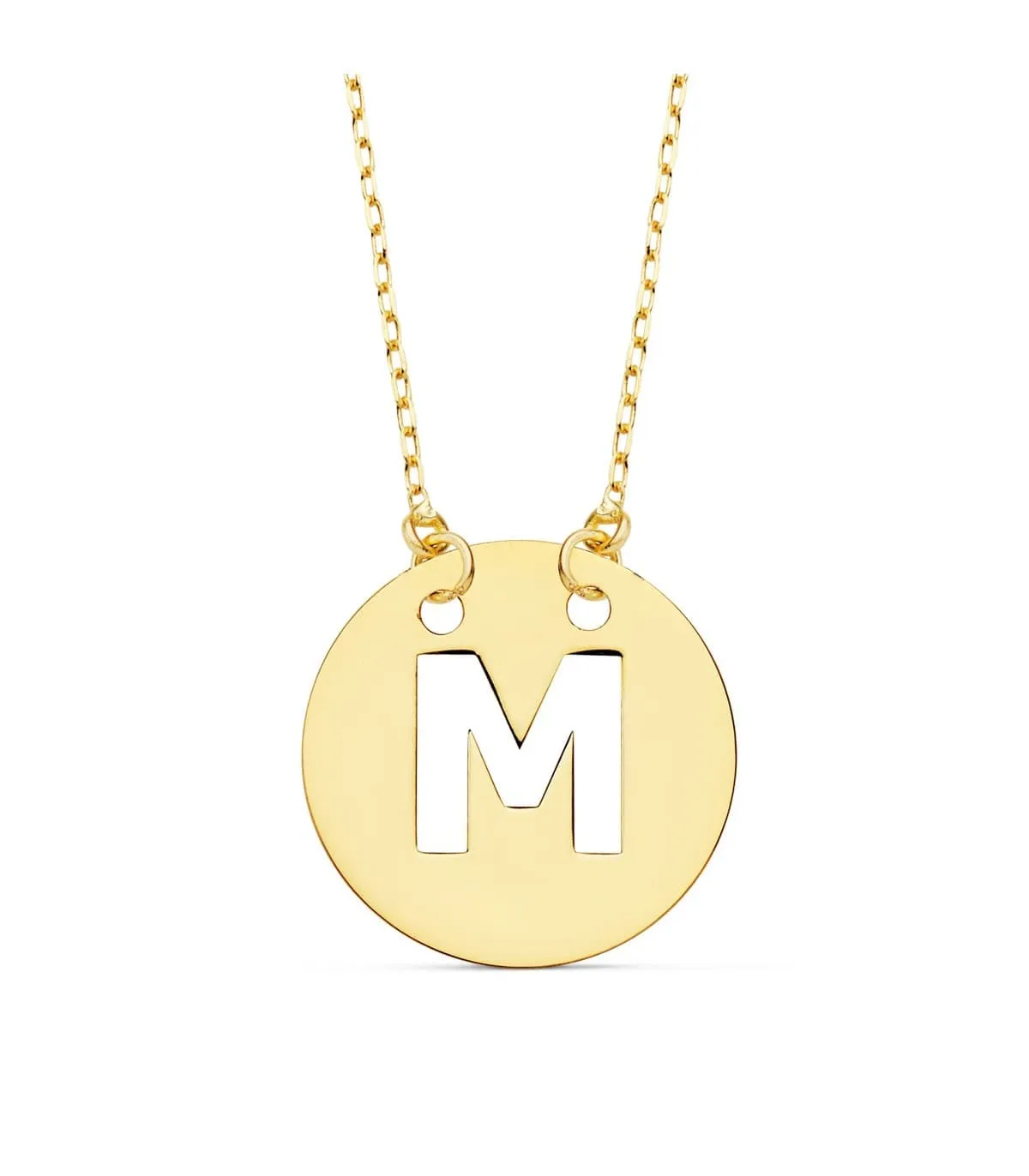 Collar letra M inicial oro amarillo 18k 42cm