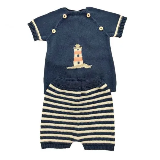 Conjunto bebé punto corto azul indigo faros de Paz Rodriguez