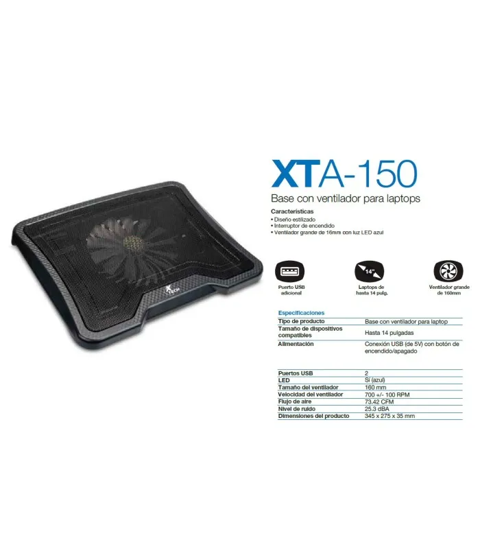 COOLING PAD XTECH XTA150 LUZ LED HUB 2USB/HASTA 14"/1FAN