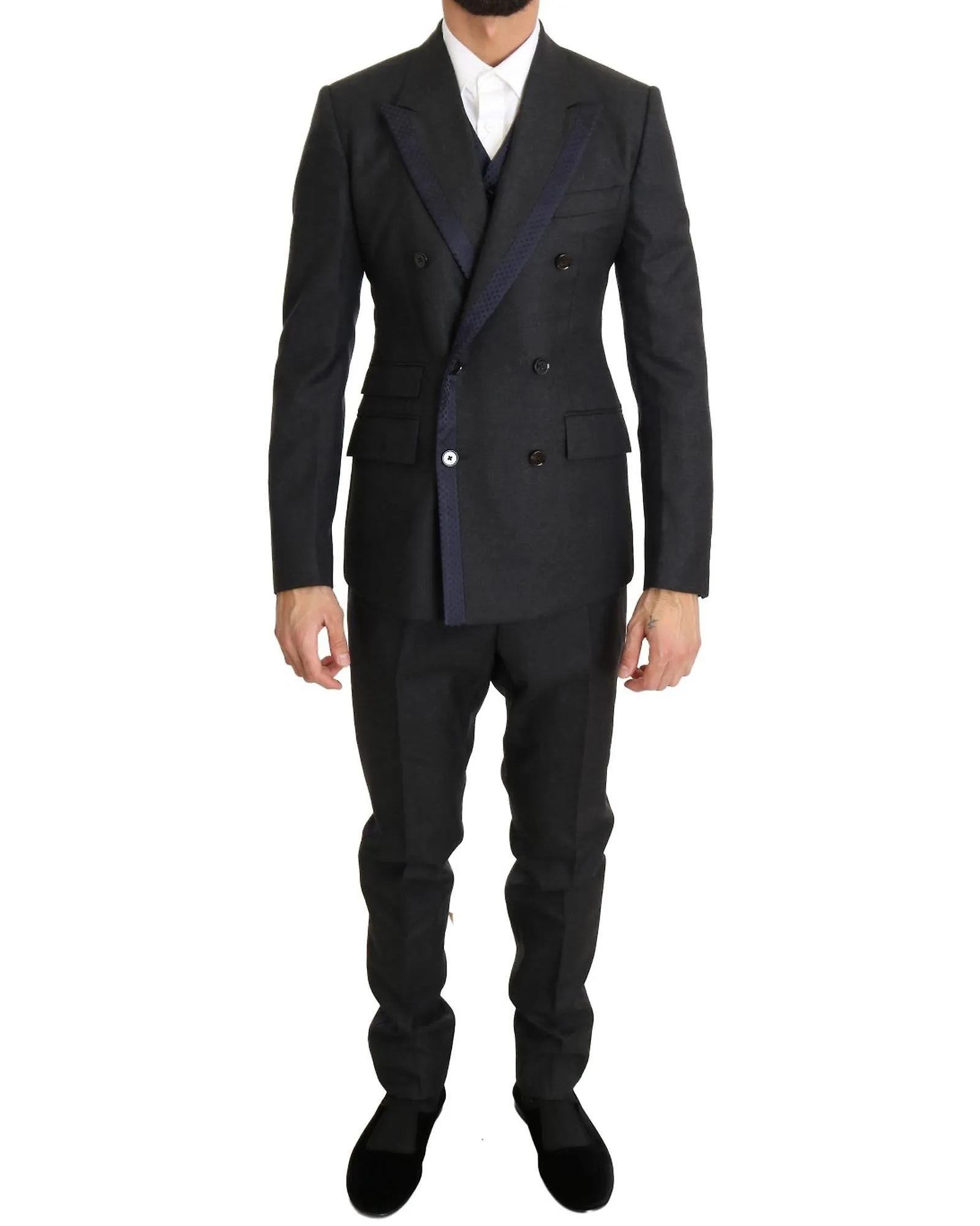 Dolce & Gabbana Double Breasted Wool Suit with Blue Silk Detailing