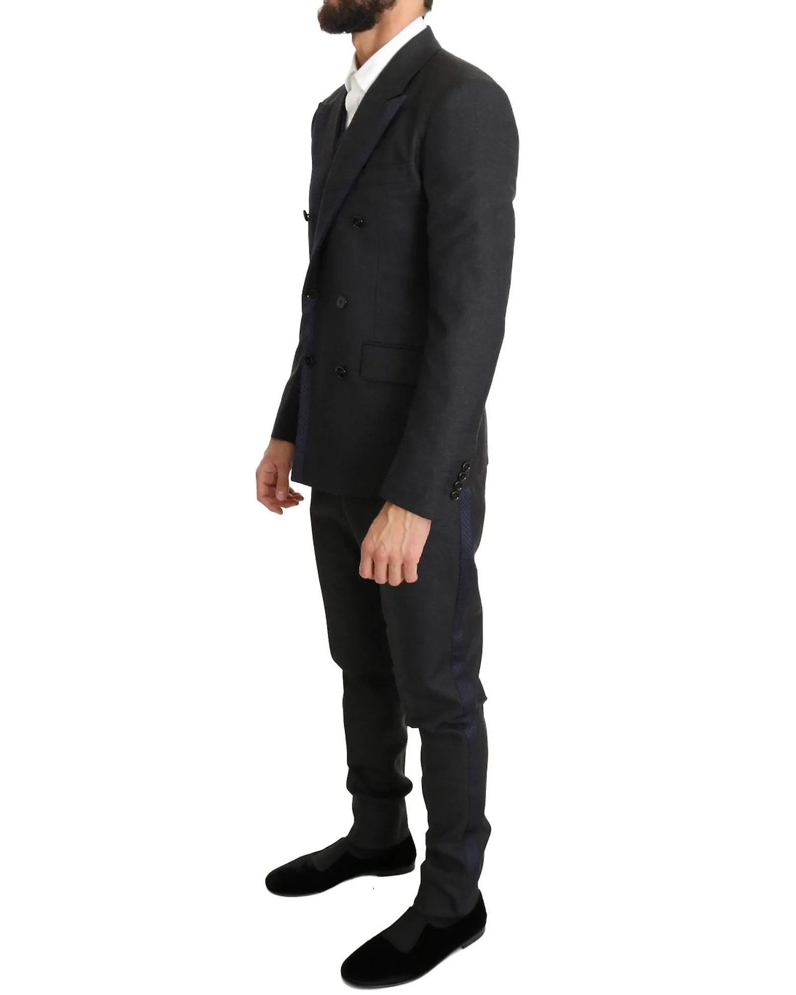 Dolce & Gabbana Double Breasted Wool Suit with Blue Silk Detailing