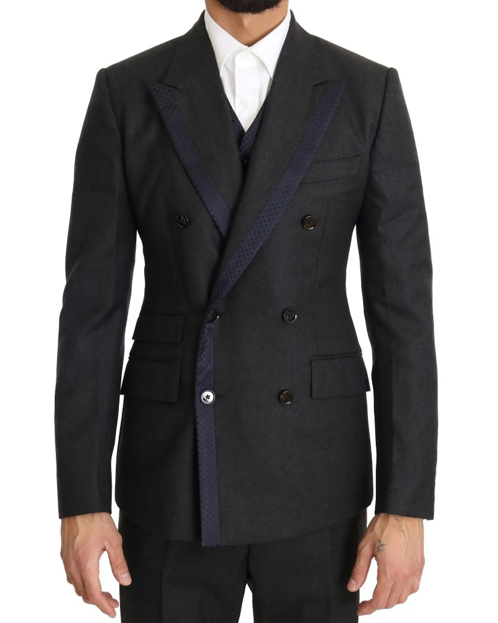 Dolce & Gabbana Double Breasted Wool Suit with Blue Silk Detailing