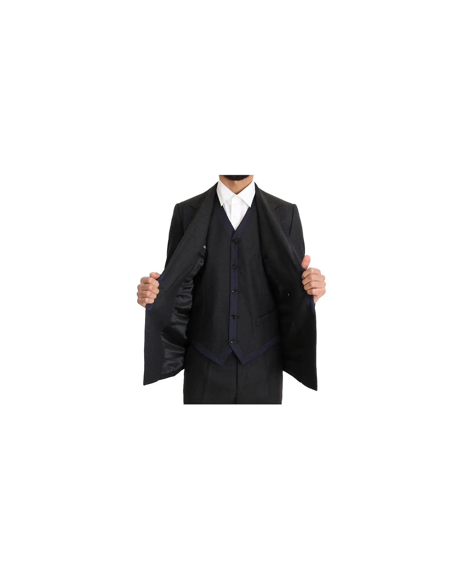 Dolce & Gabbana Double Breasted Wool Suit with Blue Silk Detailing