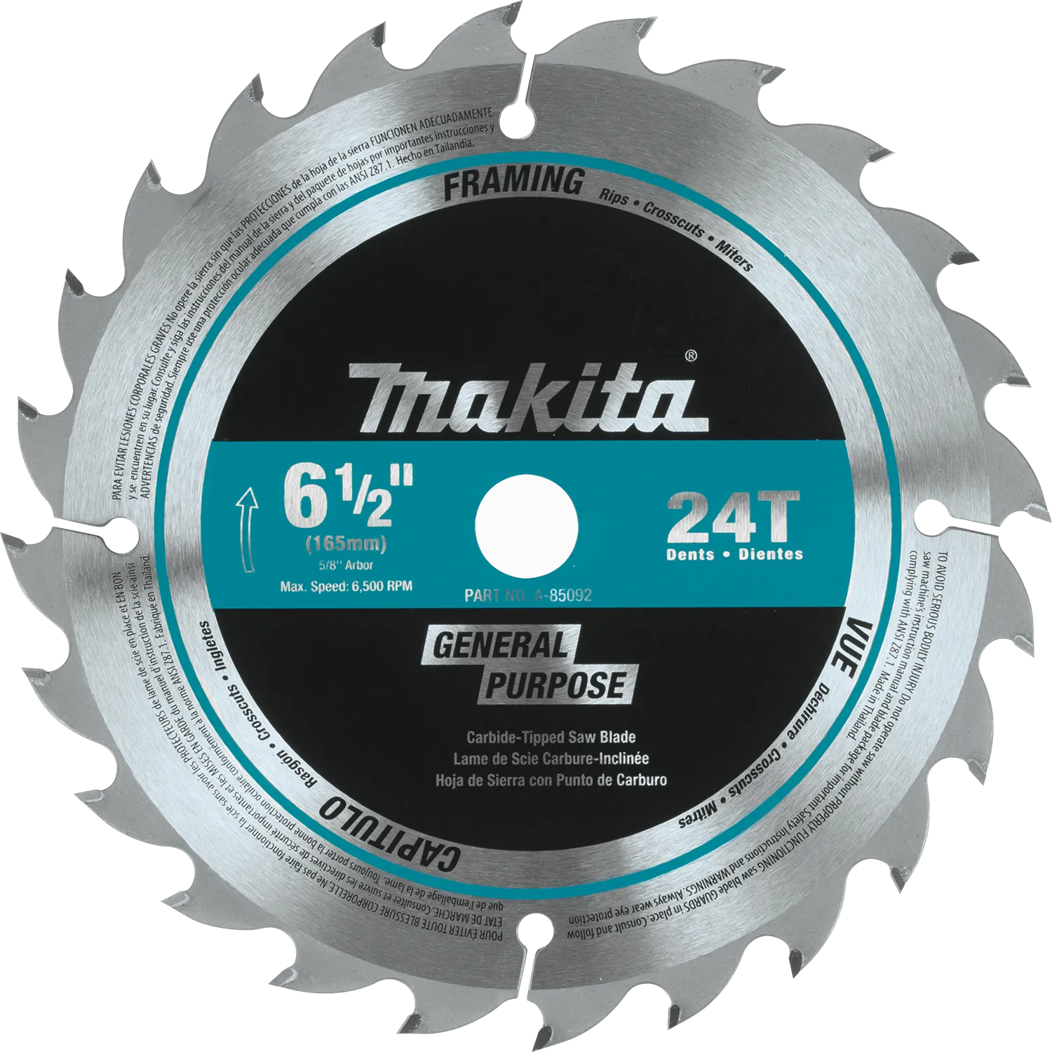 Hoja de 6‑1/2" para Sierra Circular con Puntas de Carburo 24T, Multiuso