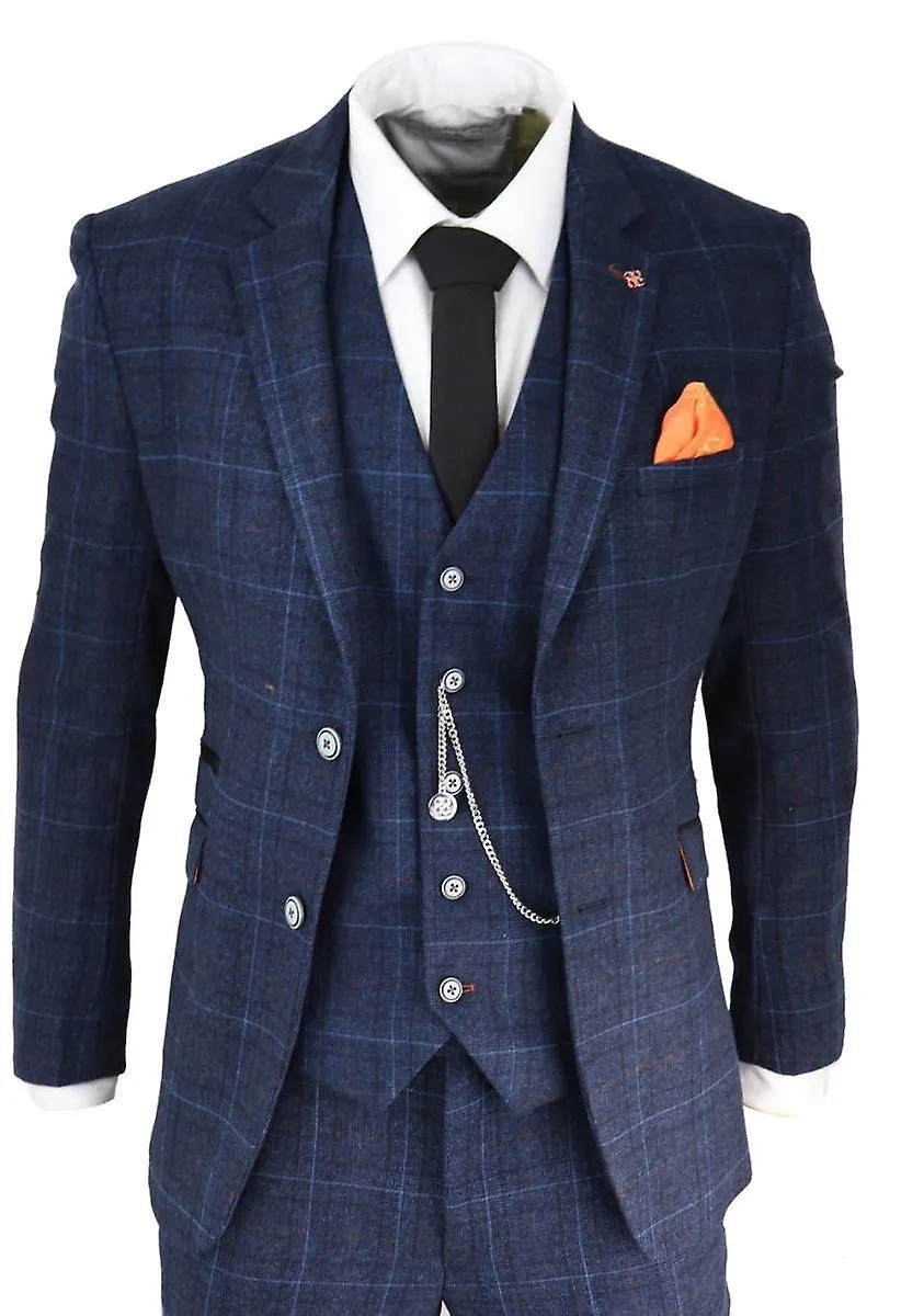 Mens 3 Piece Navy Blue Tweed Check Vintage Retro Suit