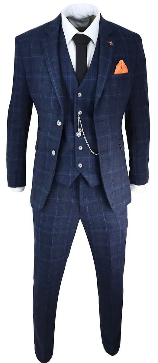 Mens 3 Piece Navy Blue Tweed Check Vintage Retro Suit
