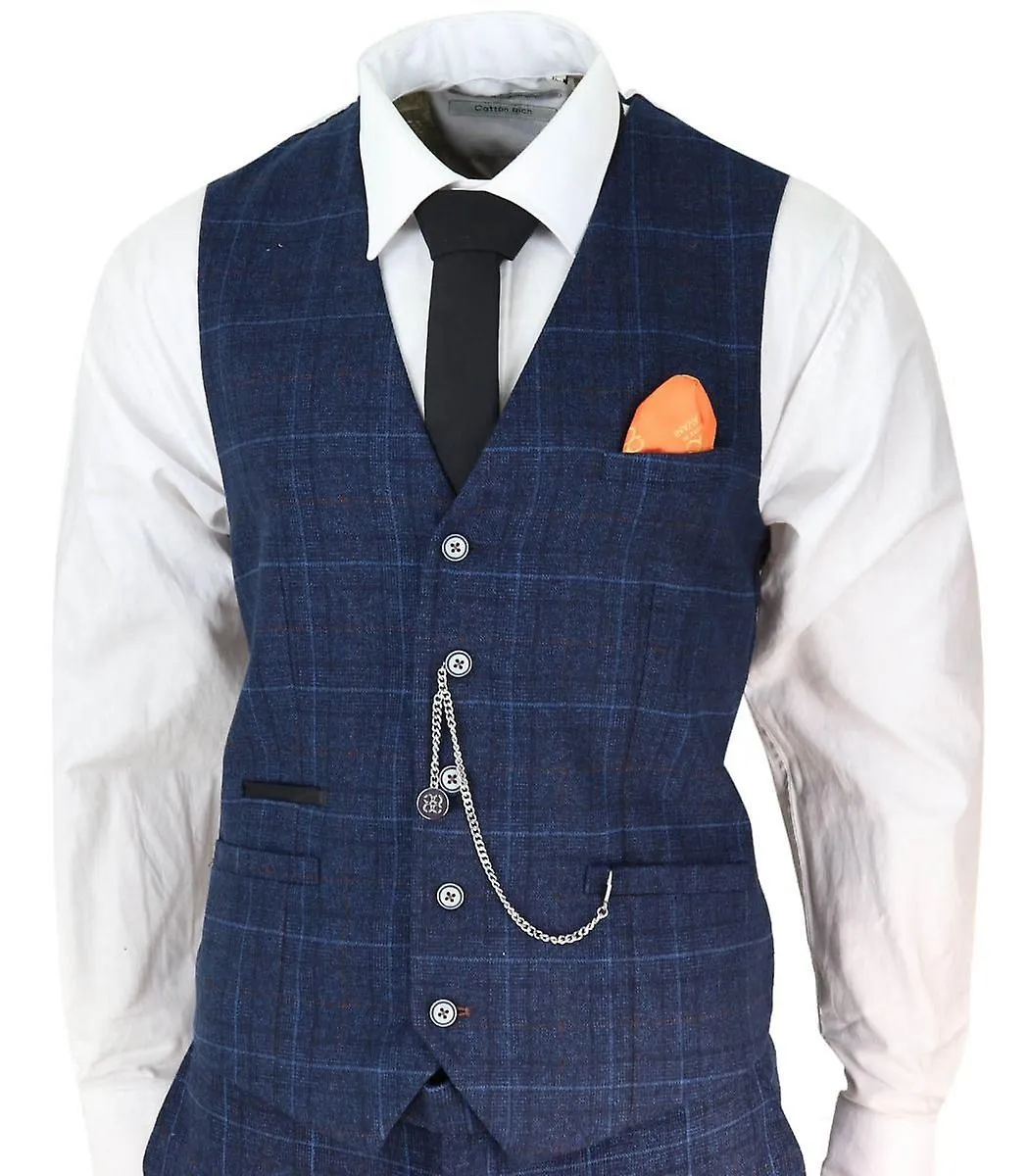 Mens 3 Piece Navy Blue Tweed Check Vintage Retro Suit