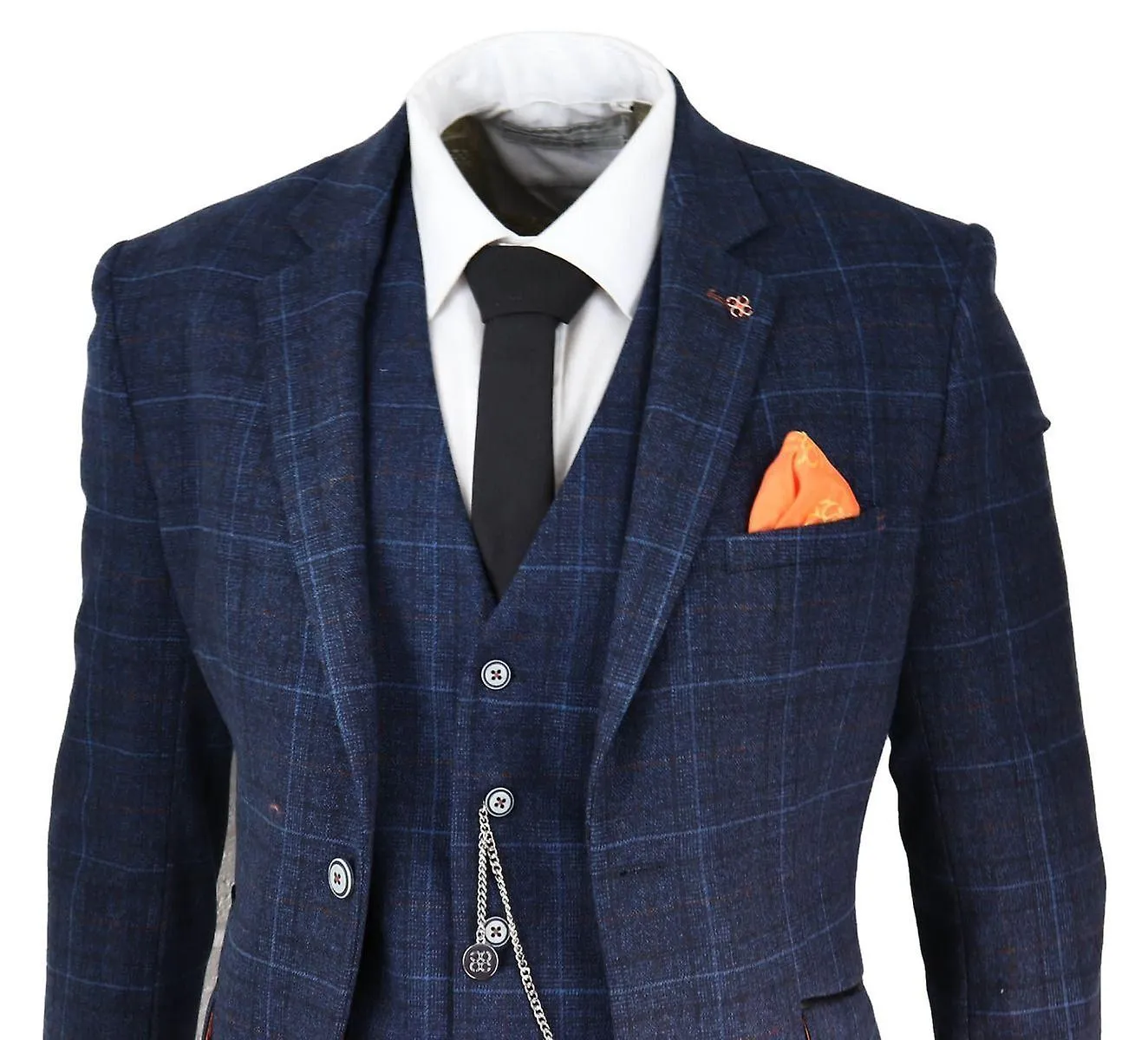 Mens 3 Piece Navy Blue Tweed Check Vintage Retro Suit