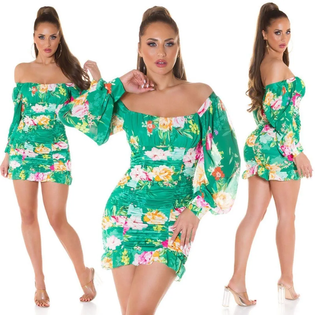 Mini vestido Boho tejido de flores verde