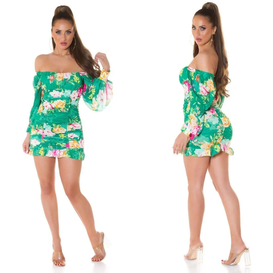 Mini vestido Boho tejido de flores verde