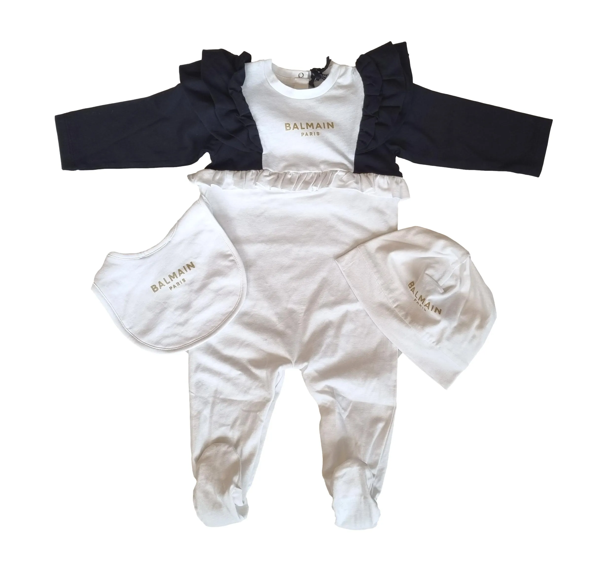 Mono, pelele, gorro y babero para bebé niña Balmain en algodón