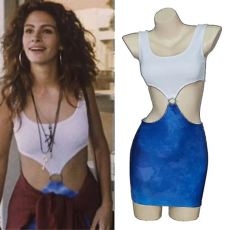 MOVIE PRETTY WOMAN JULIA ROBERTS COSPLAY VIVIAN WARD SEXY BLUE BARE WAIST TIEDYE CUTOUT DRESS  TA