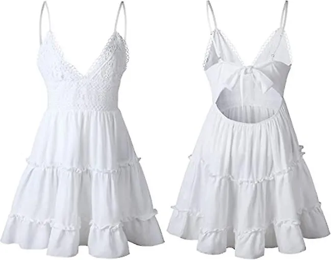 Mujer Cuello en V Spaghetti Strap Bowknot Backless Encaje sin mangas Mini Swing Skater Vestido