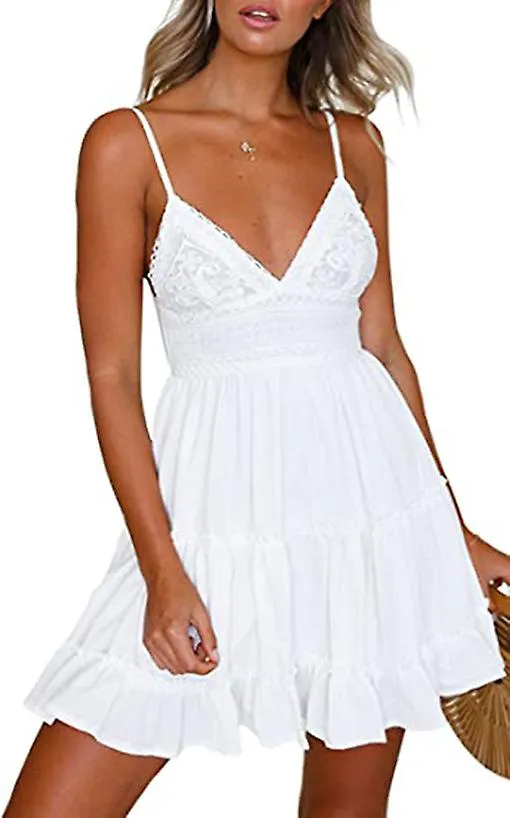 Mujer Cuello en V Spaghetti Strap Bowknot Backless Encaje sin mangas Mini Swing Skater Vestido