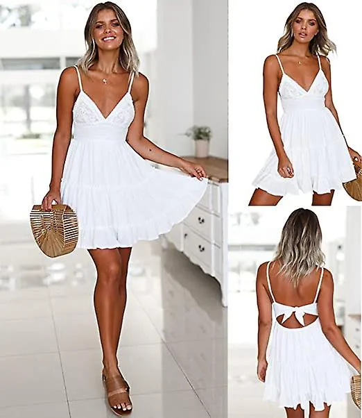 Mujer Cuello en V Spaghetti Strap Bowknot Backless Encaje sin mangas Mini Swing Skater Vestido