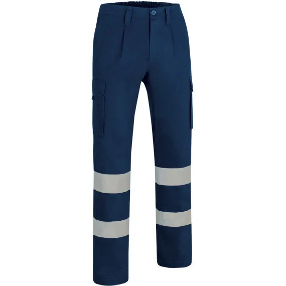 Pantalón de trabajo multibolsillos AV azul marino, cintas reflectantes y tejido sarga VALENTO MISSOURI