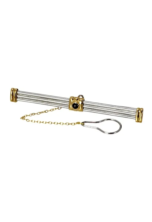 PASADOR DE CORBATA DE ACERO Y ORO AMARILLO CON ZAFIRO FINO 142_00397