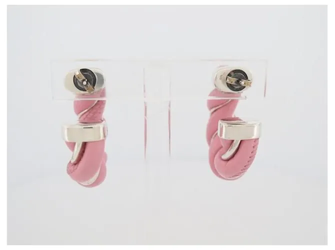 PENDIENTES BOTTEGA VENETA CRIOLES TWIST PENDIENTES DE CUERO ROSA Y PLATA 
