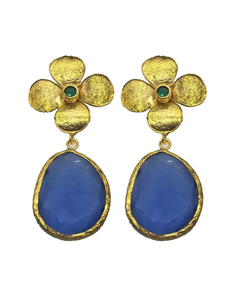 PENDIENTES MUJER AZUL MARINO LARGOS LÁGRIMA OVAL CON GRAN FLOR DORADA BAÑADA EN ORO