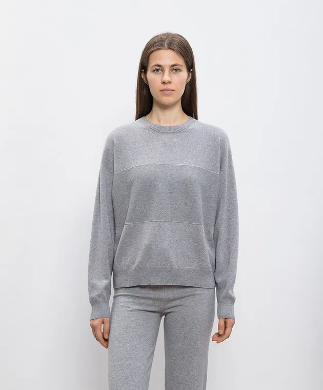 Peserico Gray Melange Wool Silk Cashmere Monil Chain Jumper