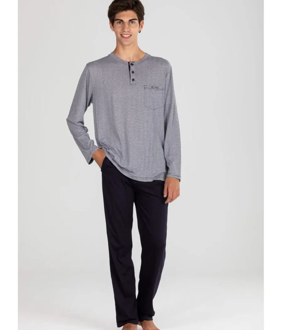 Pijama largo verano hombre Pettrus rayas bolsillos algodón