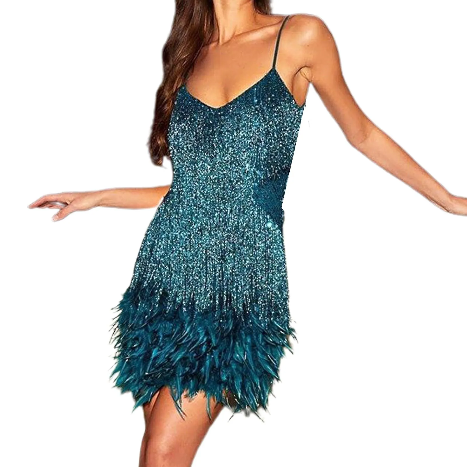 Plumas de mujer Flecos Vestido de lentejuelas Deep V Cuello lentejuelas Borla Baile Vestido de fiesta para citas Sesiones de fot