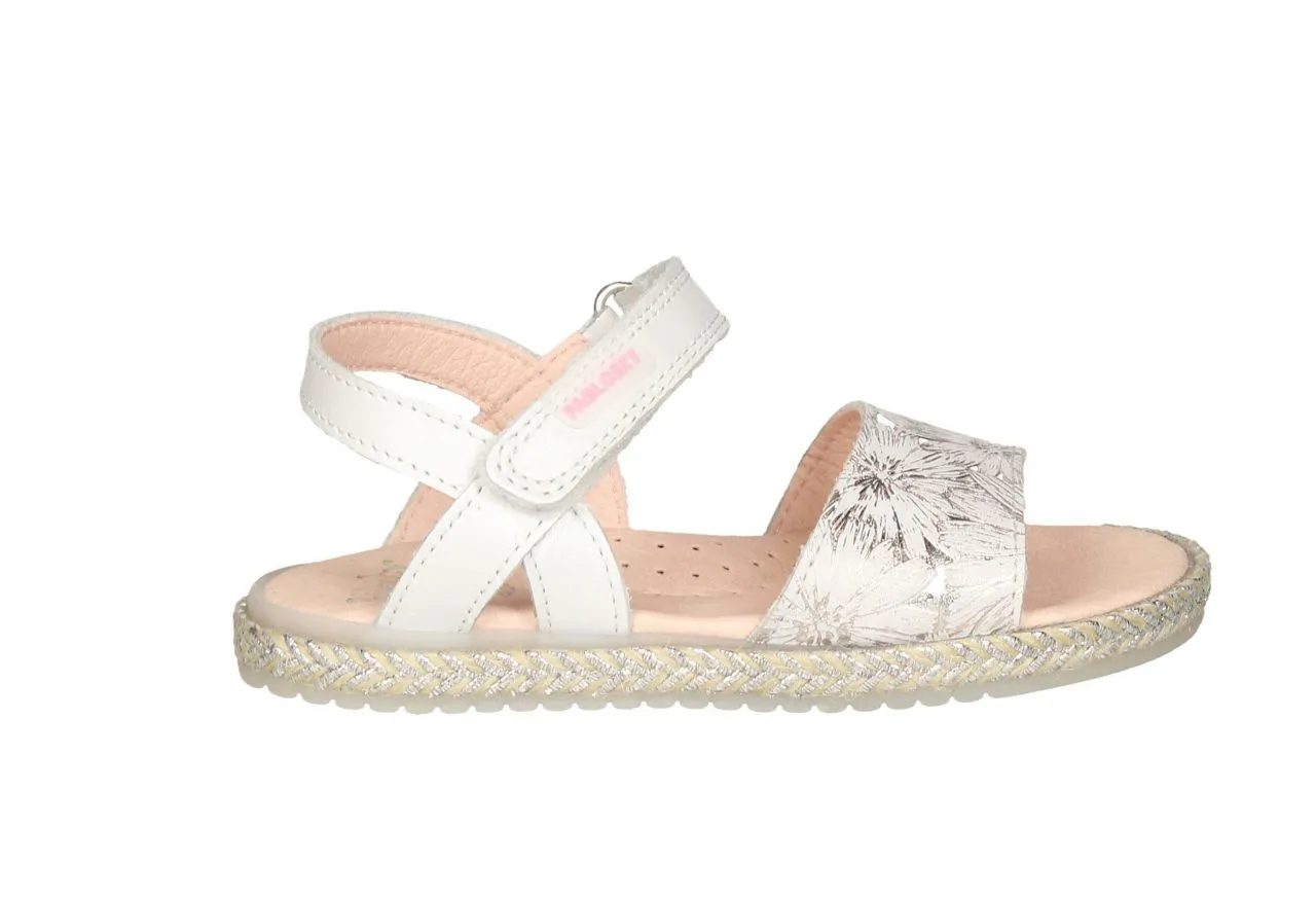 Sandalia Blanca Velcro Flores Plata Grabadas