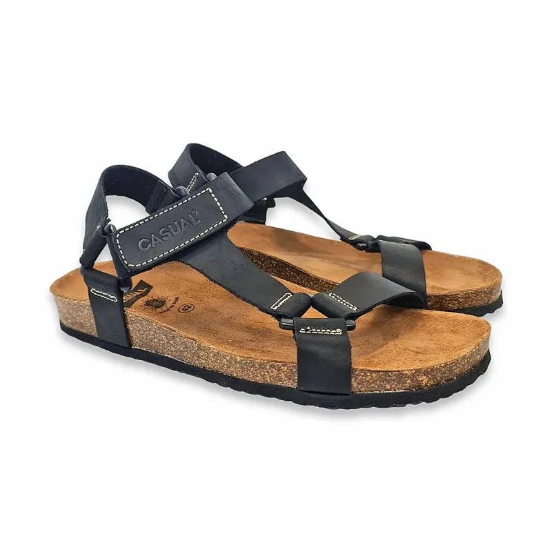 Sandalias Bio Hombre Piel Plantilla Acolchada Y Velcro 8079 Negro, de Casual